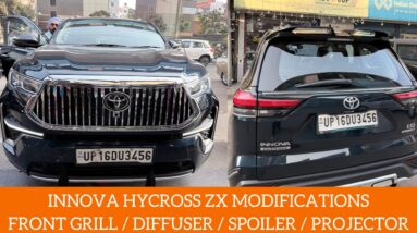 Innova Hycross Accessories | Hycross installed with Maybach Front Grill Wing Spoiler & Projector